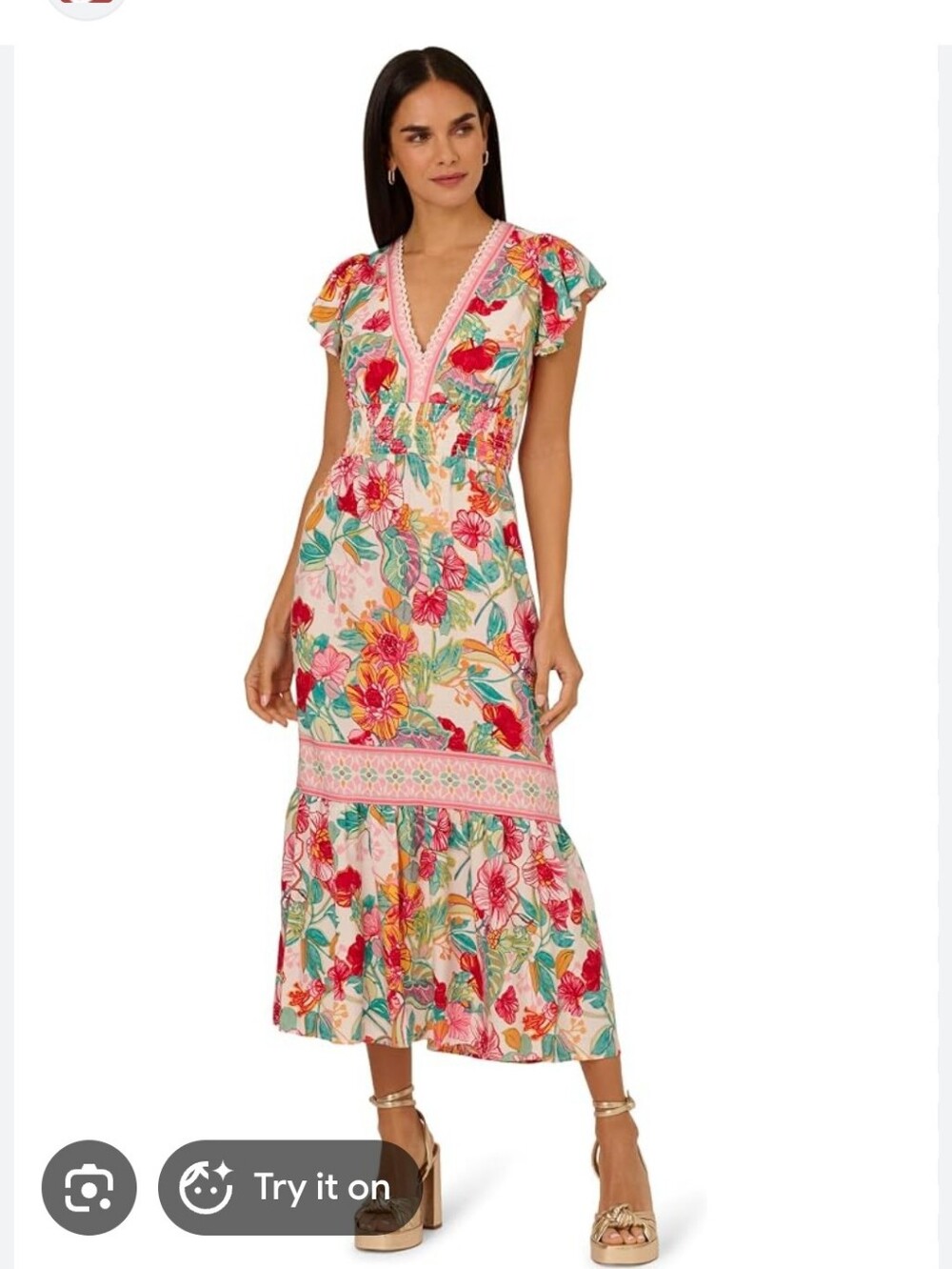 Adrianna Papell Pink Floral V-Neck Midi Dress with Green Accents